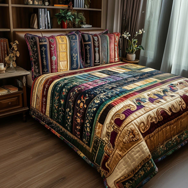 Literary Garden quilted 3-piece bedding set on a made bed with two matching pillow shams