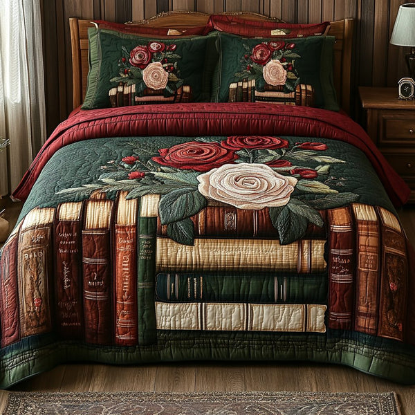 Literary Garden quilted 3-piece bedding set on a made bed with two matching pillow shams