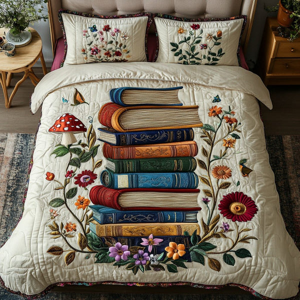 Literary Haven quilted 3-piece bedding set on a made bed with two matching pillow shams