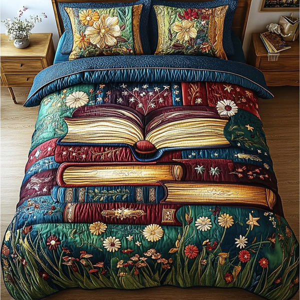 Literary Haven quilted 3-piece bedding set on a made bed with two matching pillow shams