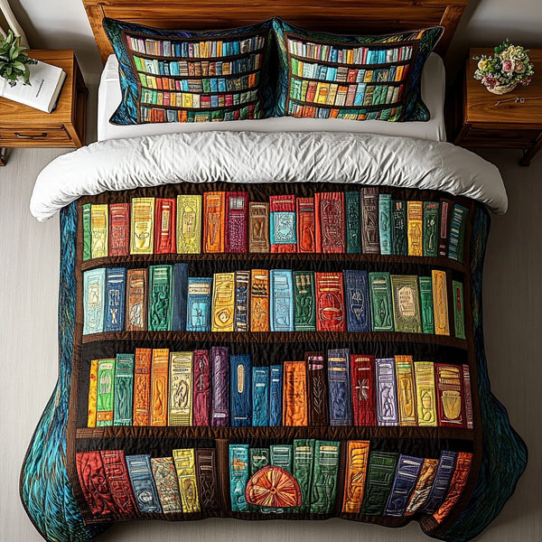 Literary Haven quilted 3-piece bedding set on a made bed with two matching pillow shams