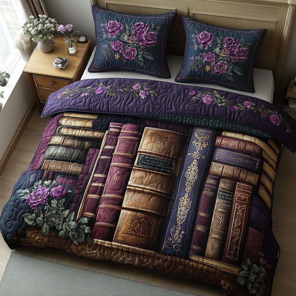 Literary Haven quilted 3-piece bedding set on a made bed with two matching pillow shams