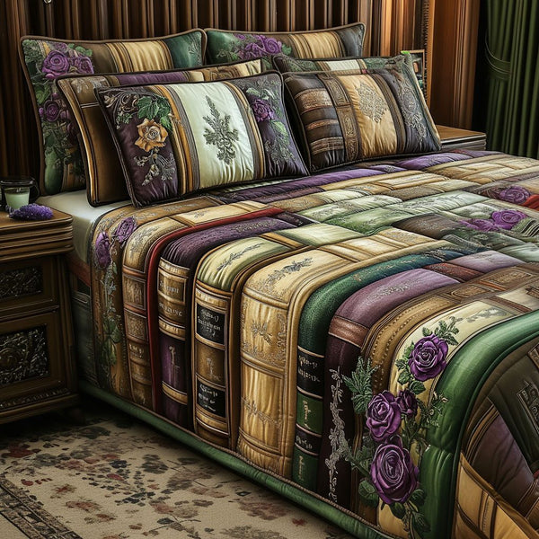 Literary Haven quilted 3-piece bedding set on a made bed with two matching pillow shams
