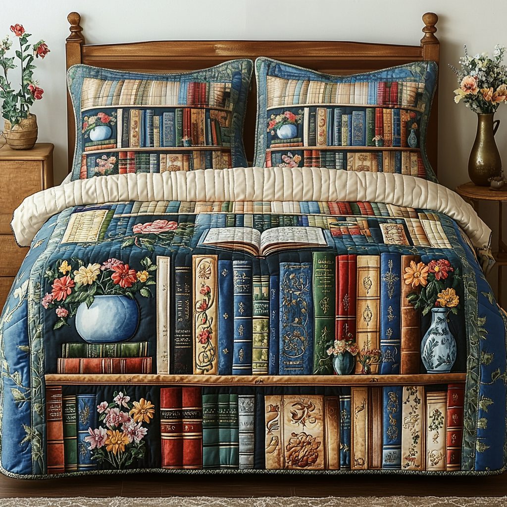 Literary Haven quilted 3-piece bedding set on a made bed with two matching pillow shams