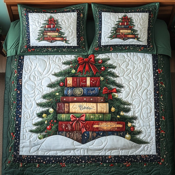 Literary Holiday quilted 3-piece bedding set on a made bed in a winter-styled bedroom