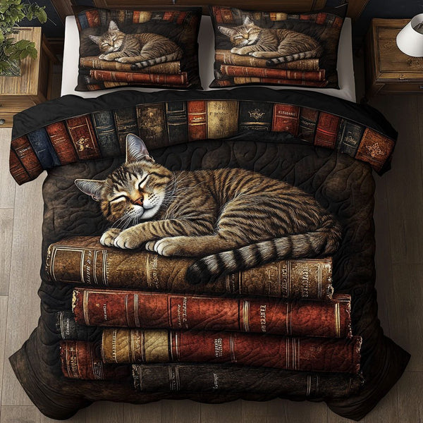 Literary Kitty quilted 3-piece bedding set on a made bed with two matching pillow shams