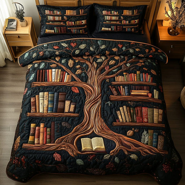 Literary Linens quilted 3-piece bedding set on a made bed with two matching pillow shams
