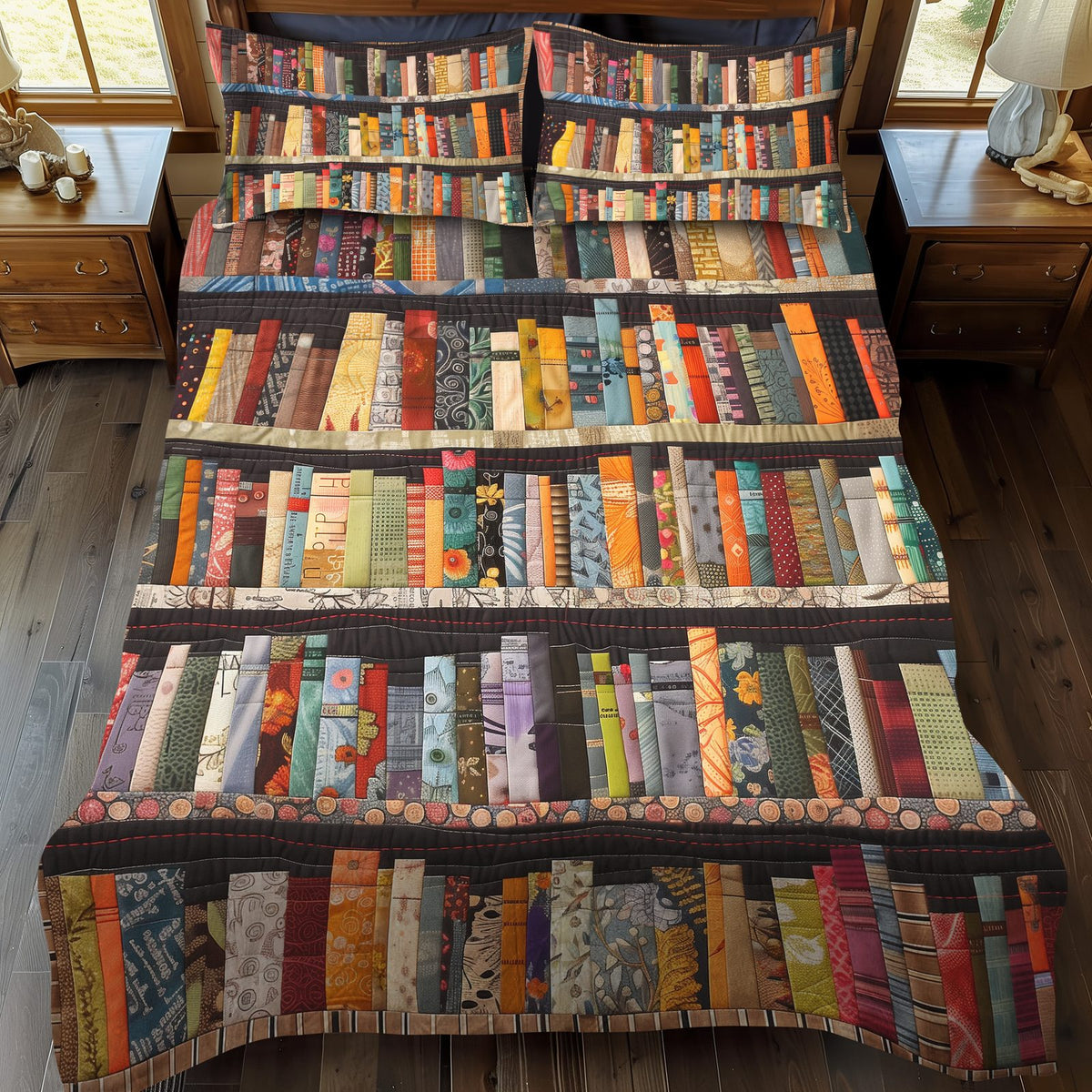 Literary Loft quilted 3-piece bedding set on a made bed with two matching pillow shams