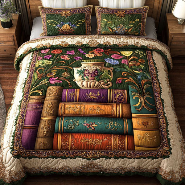 Literary Nature Haven quilted 3-piece bedding set on a made bed with two matching pillow shams