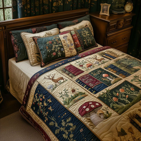 Literary Wilderness Charm quilted 3-piece bedding set on a made bed with two matching pillow shams