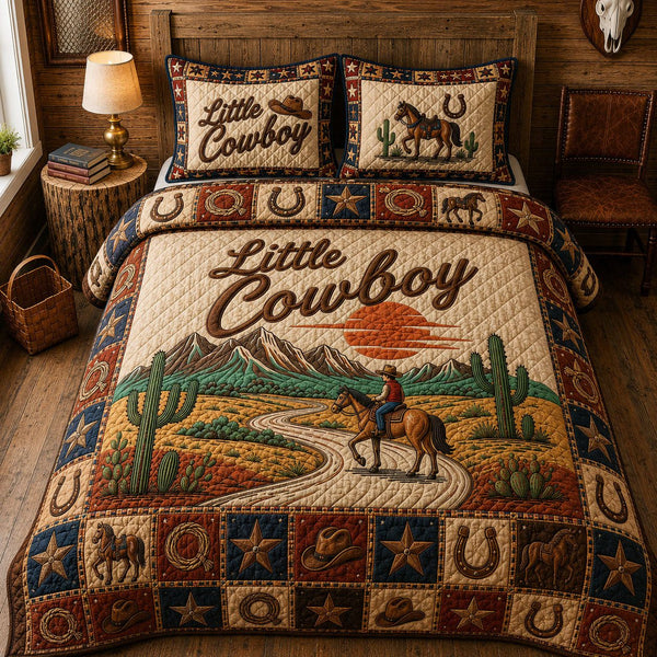 Little Cowboy quilted 3-piece bedding set on a made bed in a rustic timber bedroom