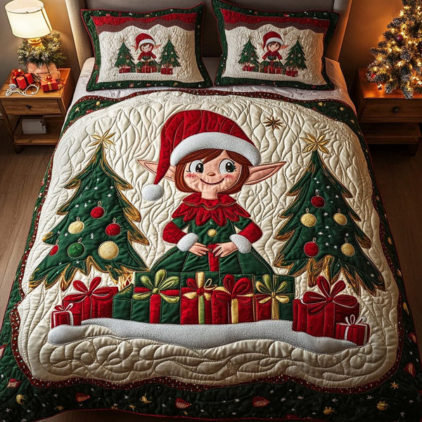 Little Elf quilted 3-piece bedding set on a made bed in a winter-styled bedroom