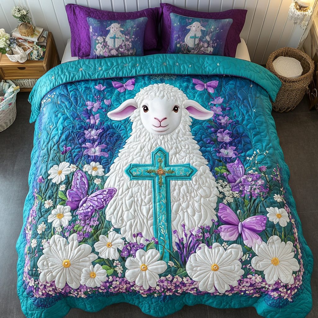 Little Lamb quilted 3-piece bedding set on a made bed with two matching pillow shams