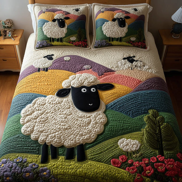 Little Lambs quilted 3-piece bedding set on a made bed with two matching pillow shams