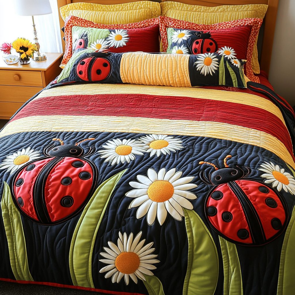 Little Red Wonder quilted 3-piece bedding set on a made bed with two matching pillow shams