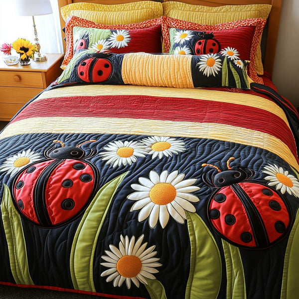 Little Red Wonder quilted 3-piece bedding set on a made bed with two matching pillow shams