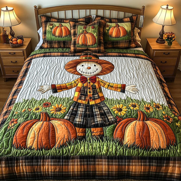 Little Scarecrow quilted 3-piece bedding set on a made bed with two matching pillow shams