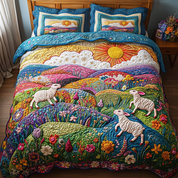 Little Sheep quilted 3-piece bedding set on a made bed with two matching pillow shams