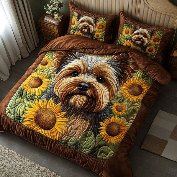 Little Yorkie quilted 3-piece bedding set on a made bed with two matching pillow shams