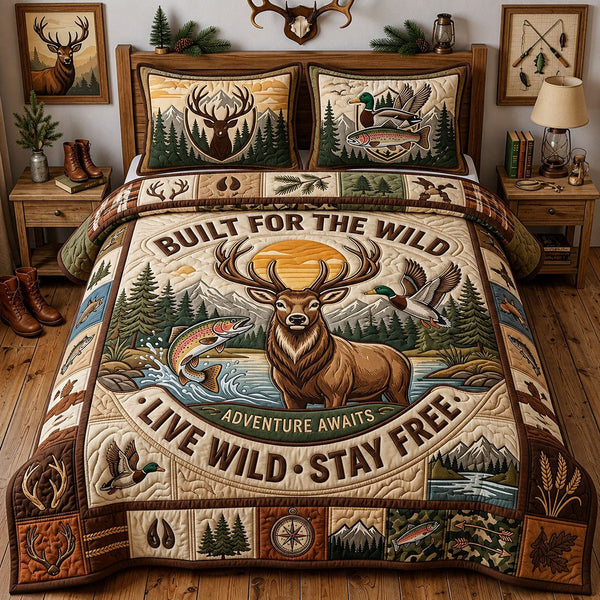 Live Wild Stay Free quilted 3-piece bedding set on a made bed with two matching pillow shams