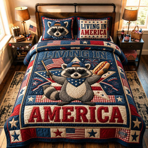 Living In America quilted 3-piece bedding set on a made bed in a warmly lit bedroom