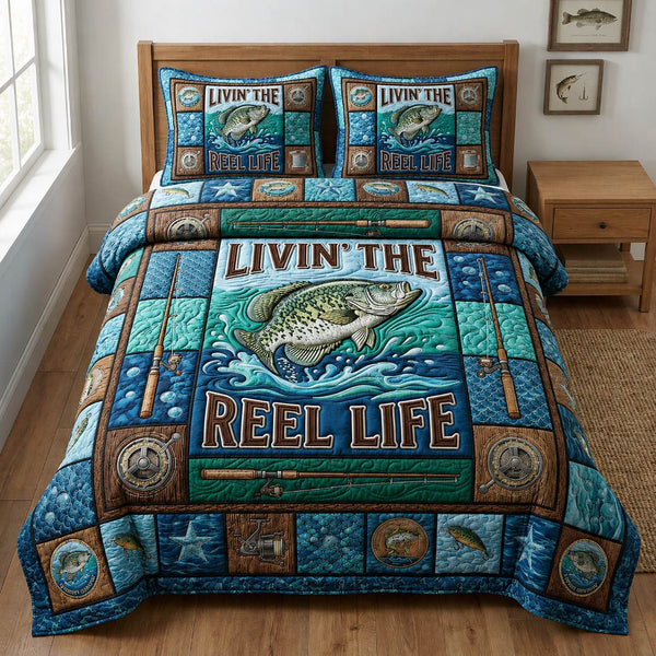 Living Reel Life quilted 3-piece bedding set on a made bed with two matching pillow shams