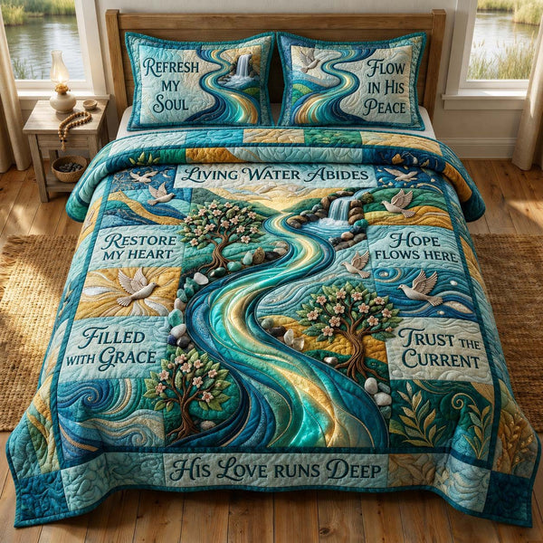 Living Water quilted 3-piece bedding set on a made bed with two matching pillow shams