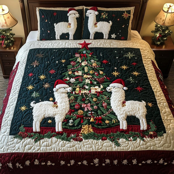 Llama Festivities quilted 3-piece bedding set on a made bed with two matching pillow shams