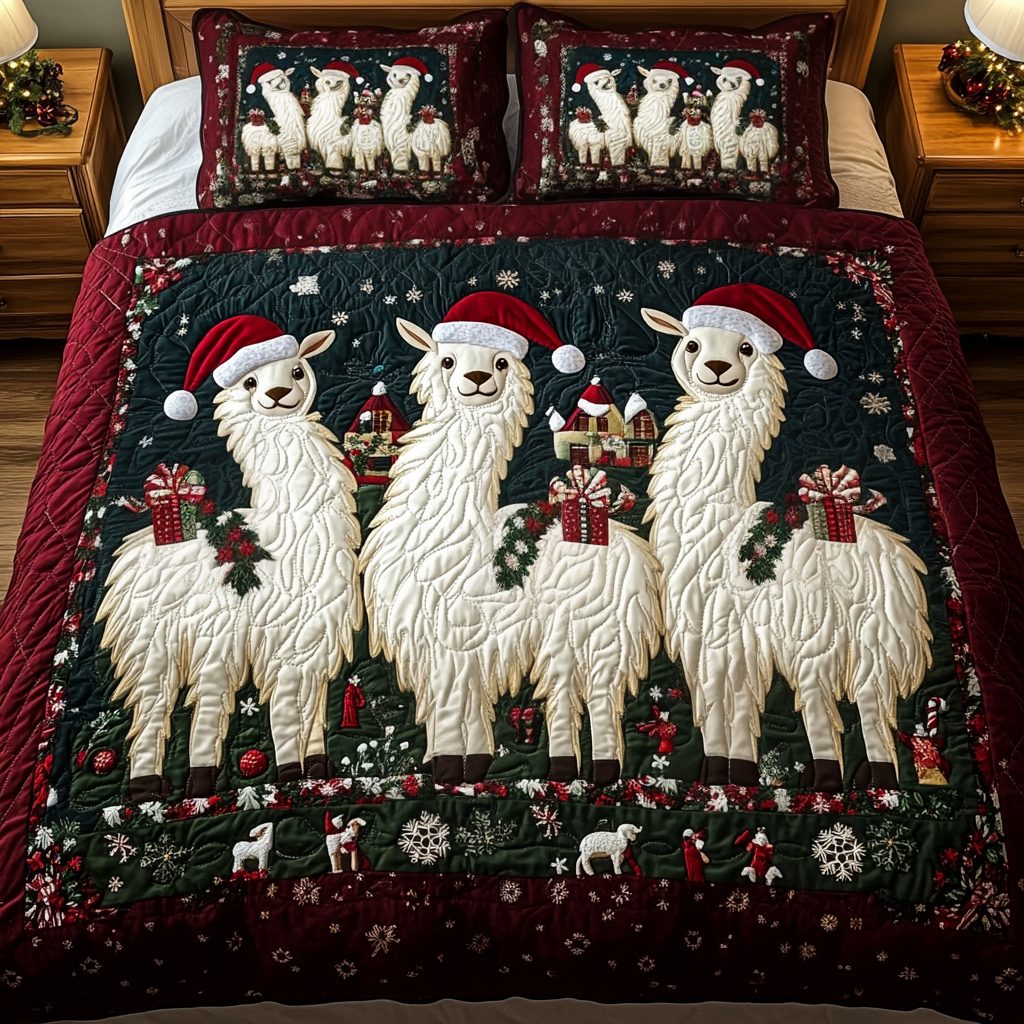 Llama Wonderland quilted 3-piece bedding set on a made bed with two matching pillow shams