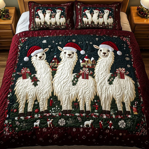 Llama Wonderland quilted 3-piece bedding set on a made bed with two matching pillow shams