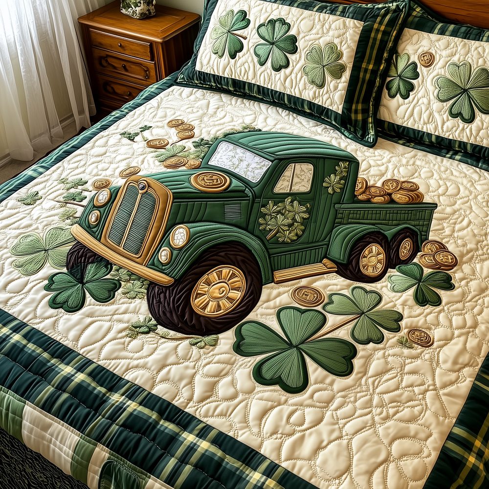 Loads Of Luck quilted 3-piece bedding set on a made bed with two matching pillow shams