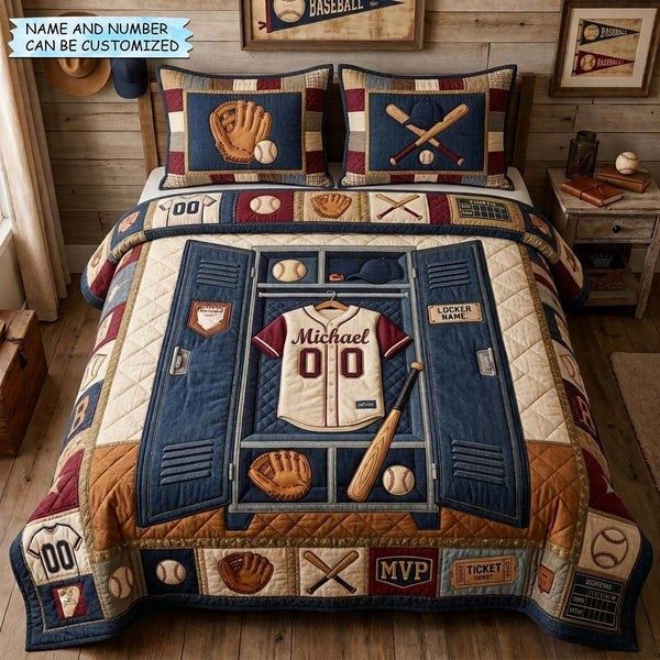 Locker Legend 3-Piece Quilted Bedding Set quilted 3-piece bedding set on a made bed with two matching pillow shams