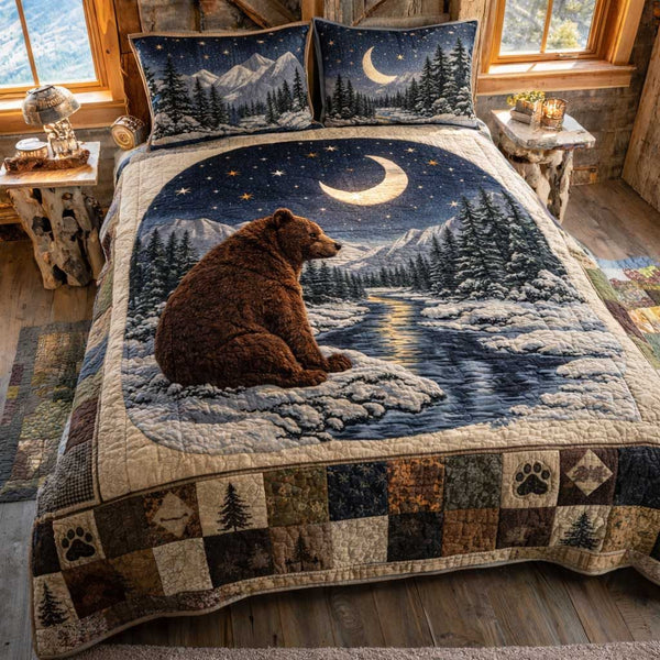 Lodge Bear quilted 3-piece bedding set on a made bed with two matching pillow shams