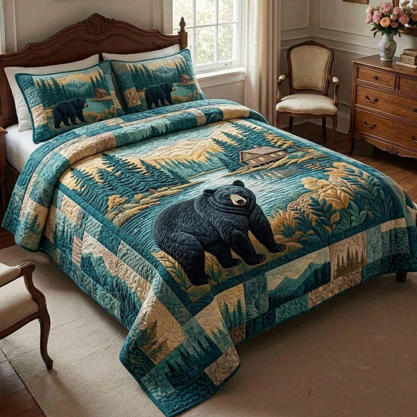 Lodge Bear quilted 3-piece bedding set on a made bed with two matching pillow shams