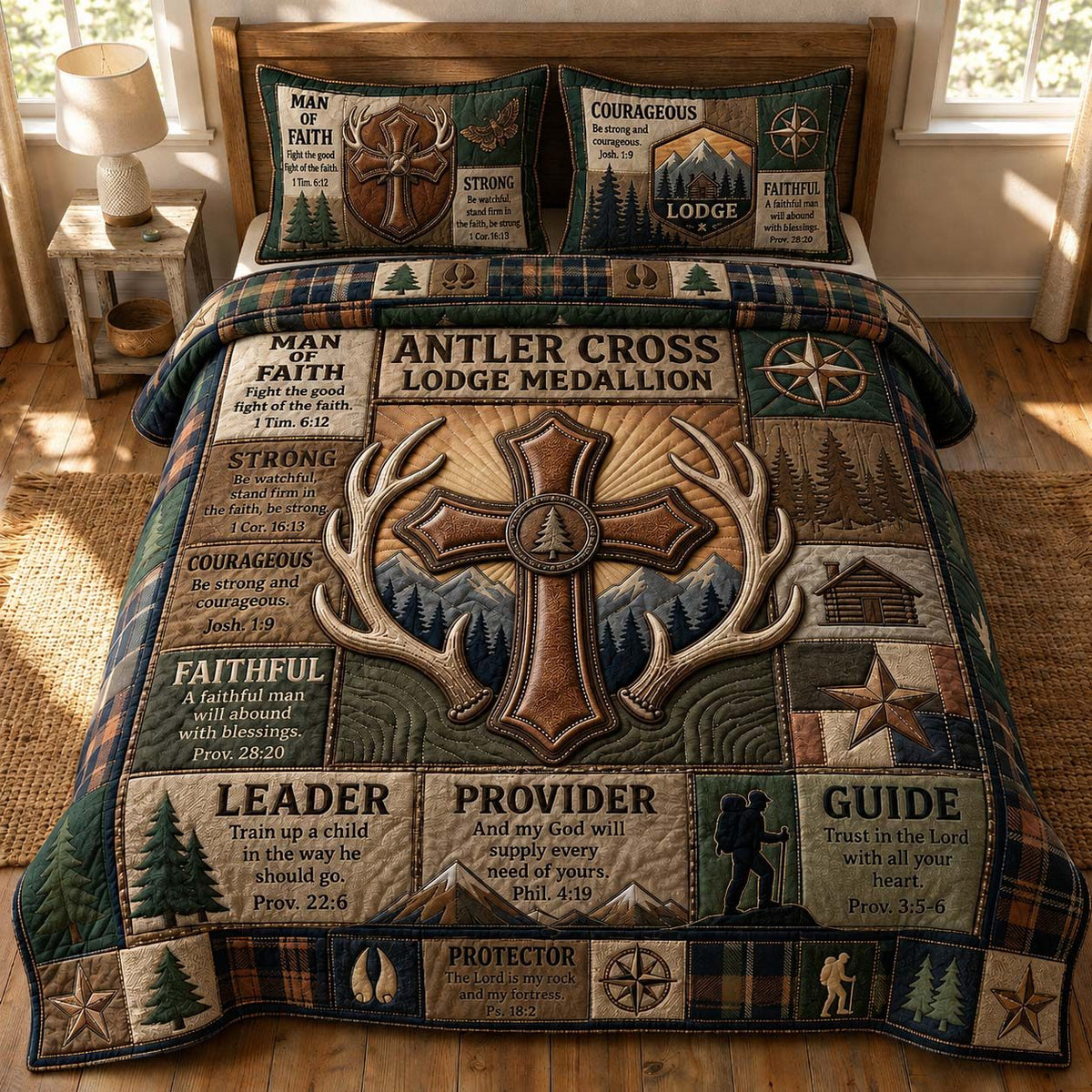 Lodge Medallion quilted 3-piece bedding set on a made bed with two matching pillow shams