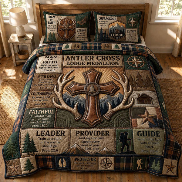 Lodge Medallion quilted 3-piece bedding set on a made bed with two matching pillow shams