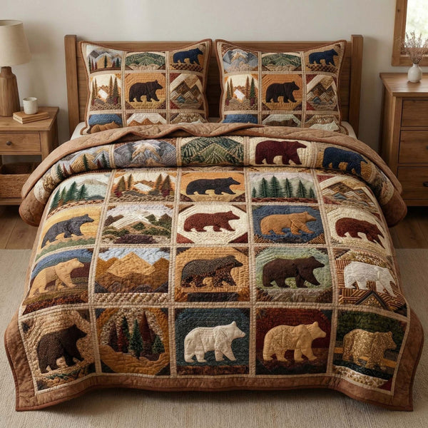 Lodge Mosaic quilted 3-piece bedding set on a made bed with two matching pillow shams