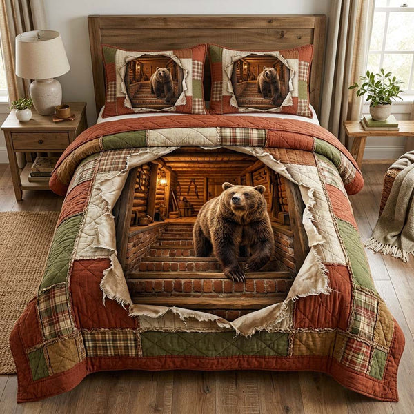 Log Bear quilted 3-piece bedding set on a made bed with two matching pillow shams