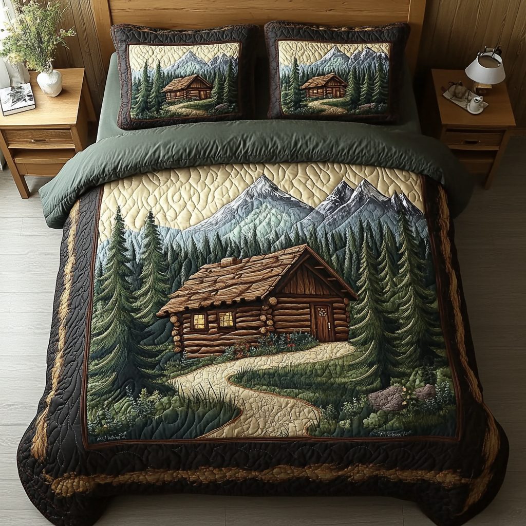 Log Cabin Bliss quilted 3-piece bedding set on a made bed with two matching pillow shams