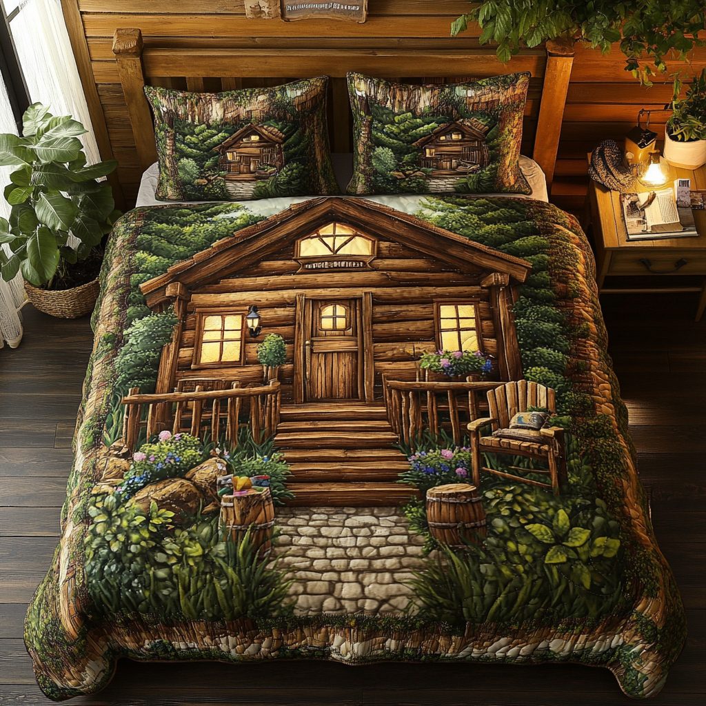 Log Cabin Charm quilted 3-piece bedding set on a made bed with two matching pillow shams