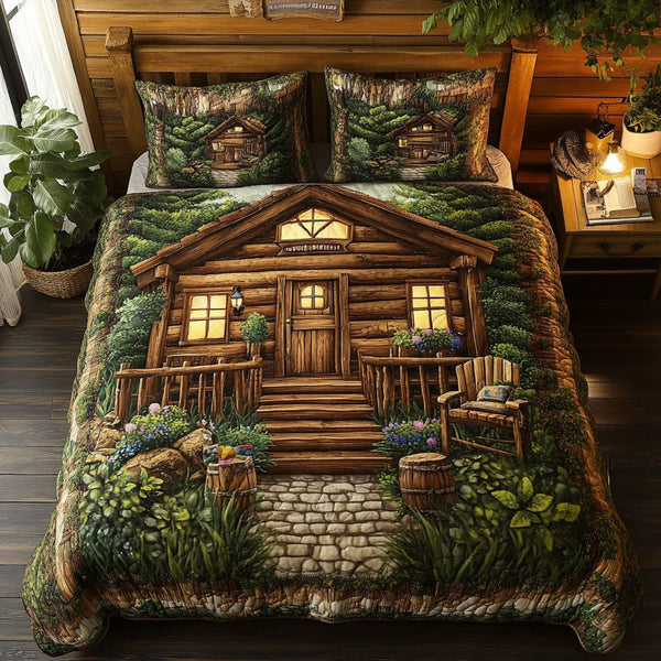 Log Cabin Charm quilted 3-piece bedding set on a made bed with two matching pillow shams