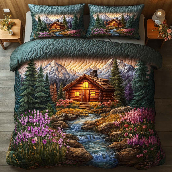 Log Cabin Charm quilted 3-piece bedding set on a made bed with two matching pillow shams