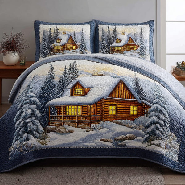 Log Cabin Dream quilted 3-piece bedding set on a made bed with two matching pillow shams