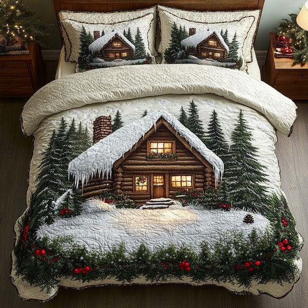 Log Cabin Dream quilted 3-piece bedding set on a made bed with two matching pillow shams