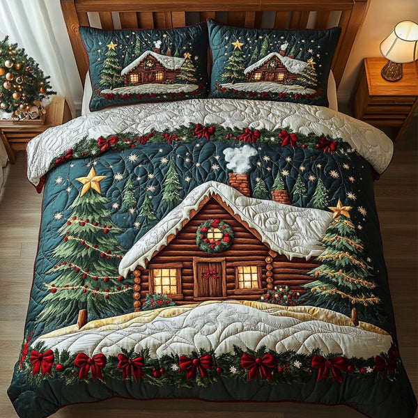 Log Cabin Dream quilted 3-piece bedding set on a made bed with two matching pillow shams