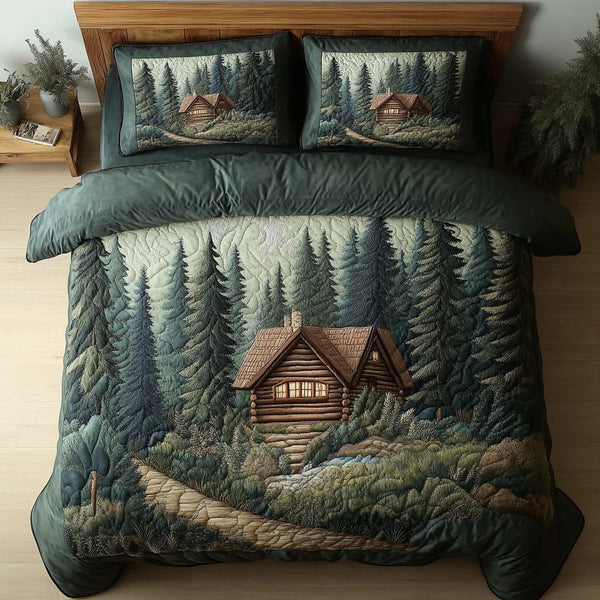 Log Cabin Escape quilted 3-piece bedding set on a made bed with two matching pillow shams
