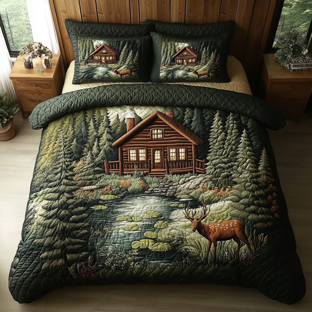 Log Cabin Getaway quilted 3-piece bedding set on a made bed with two matching pillow shams