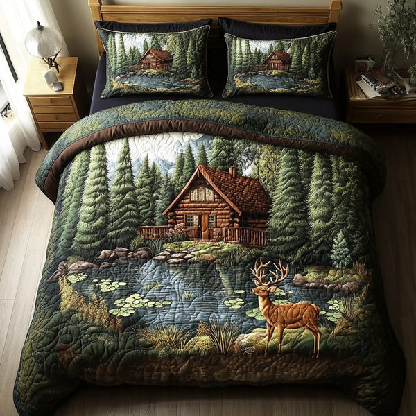 Log Cabin Haven quilted 3-piece bedding set on a made bed with two matching pillow shams
