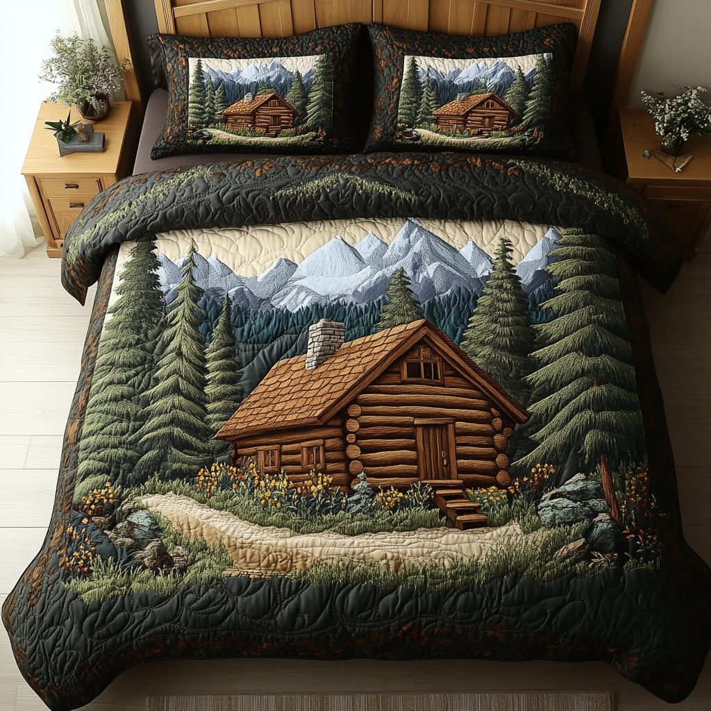 Log Cabin Hideaway quilted 3-piece bedding set on a made bed with two matching pillow shams