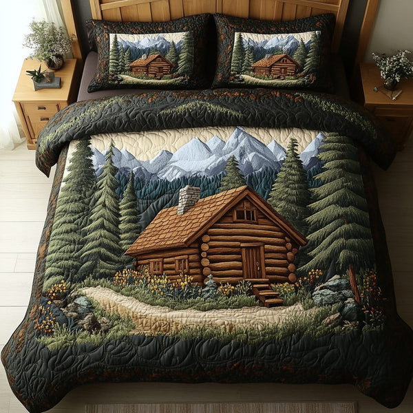 Log Cabin Hideaway quilted 3-piece bedding set on a made bed with two matching pillow shams